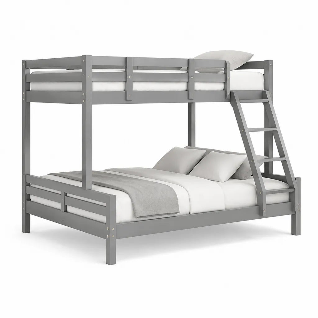 Letto a castello matrimoniale e singolo in pino massello grigio 140 x 190 cm e 90 x 190 cm con scala