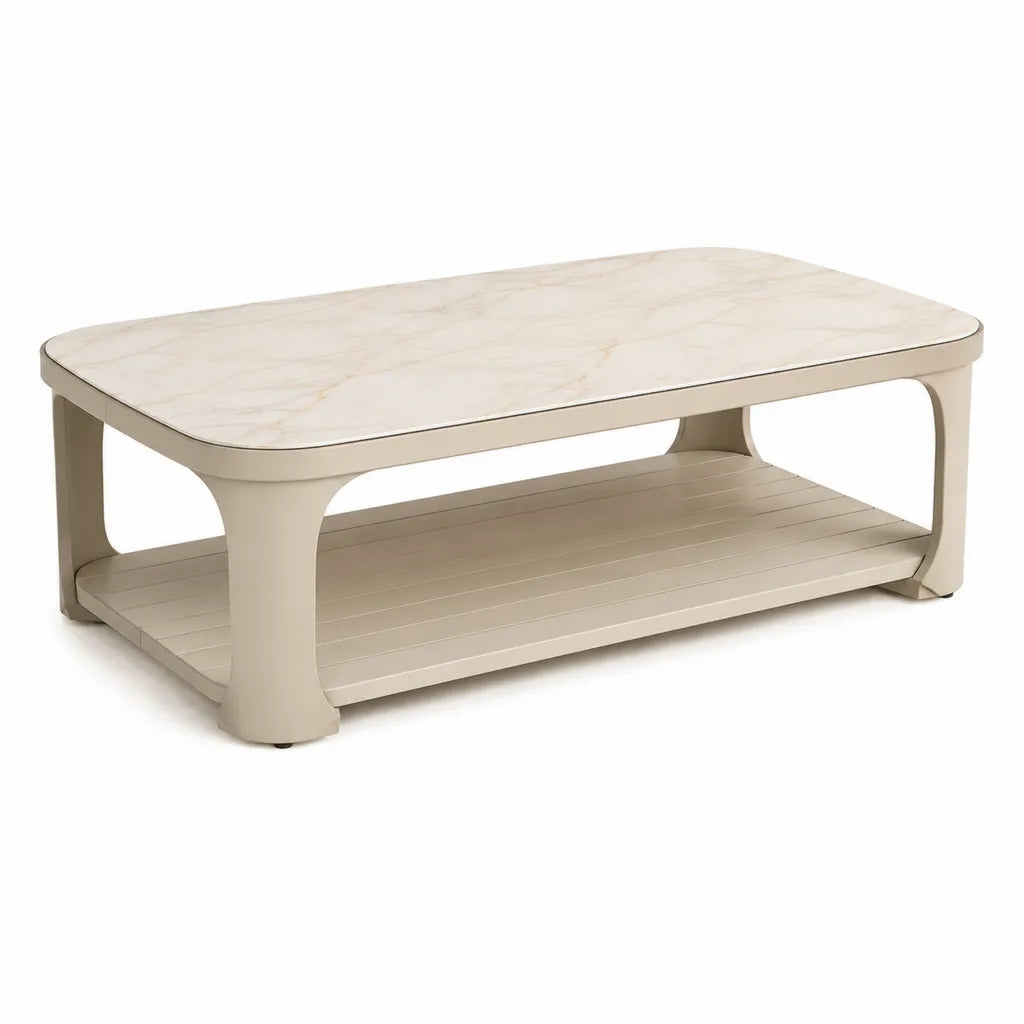 Tavolino da caffe rettangolare 120 x 60 x 45 cm in MDF effetto marmo bianco crema con ripiano inferiore