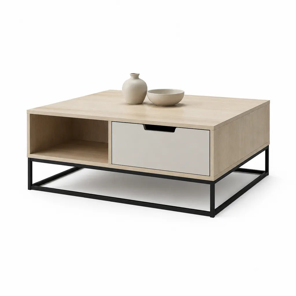 Tavolino da caffe quadrato 80 x 80 x 40 cm in truciolare melaminico rovere chiaro con struttura in acciaio nero