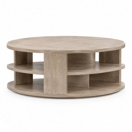 Tavolino da caffe rotondo con ripiani aperti in MDF effetto rovere beige ?80 x 42 cm