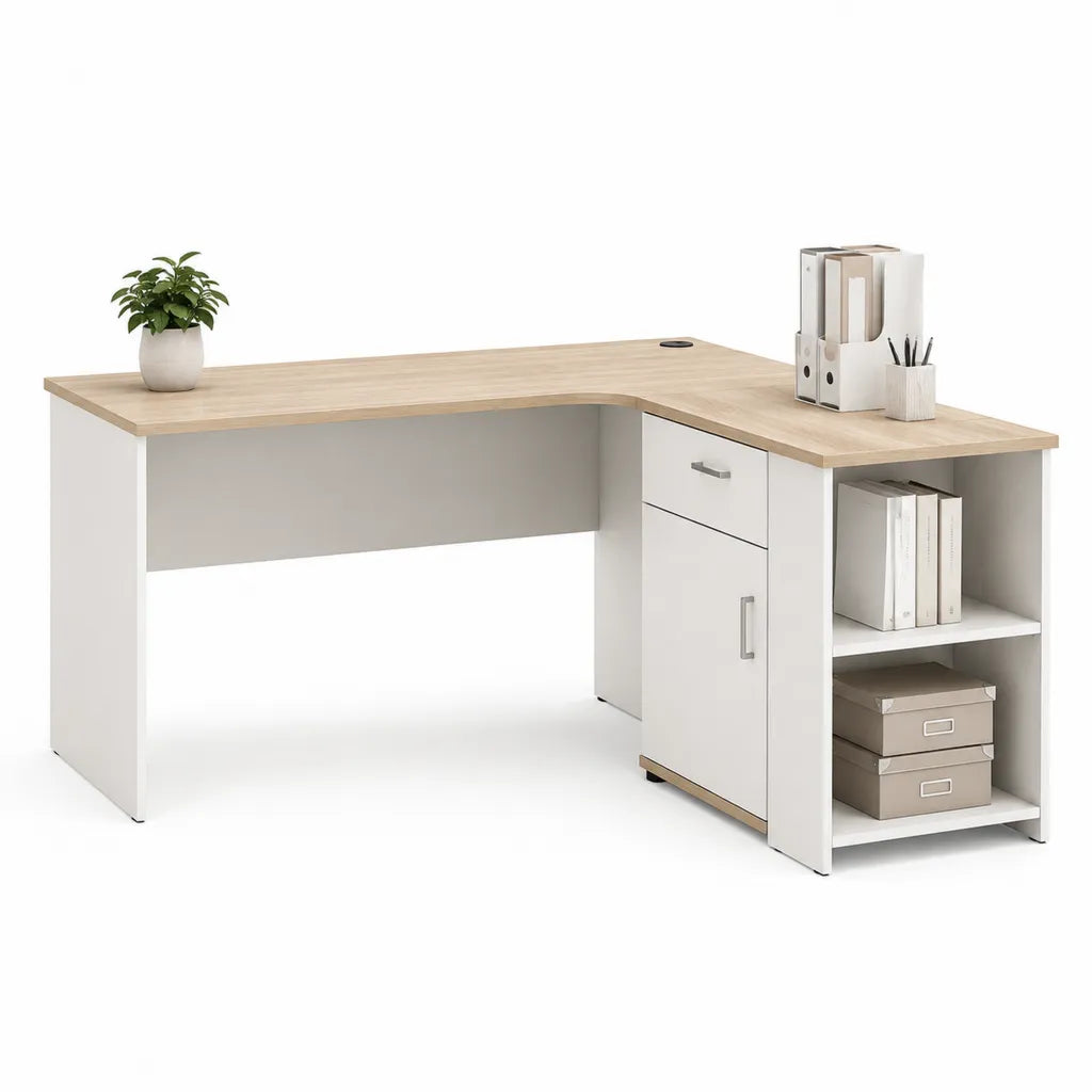 Scrivania angolare con cassettiera e ripiani 140 x 120 x 75 cm in pannello truciolare bianco e rovere chiaro