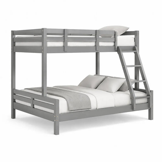 Letto a castello matrimoniale e singolo in pino massello grigio 140 x 190 cm e 90 x 190 cm con scala