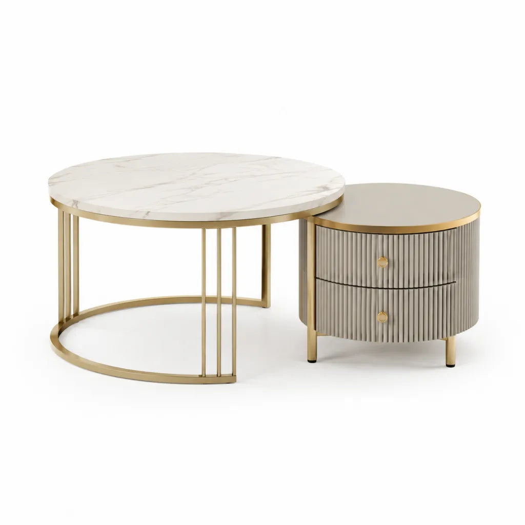 Set 2 tavolini da caffe ovali e rotondi in MDF e acciaio bianco grigio oro 120 x 60 x 45 cm e 60 x 60 x 40 cm