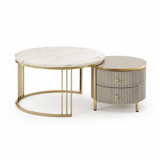 Set 2 tavolini da caffe ovali e rotondi in MDF e acciaio bianco grigio oro 120 x 60 x 45 cm e 60 x 60 x 40 cm