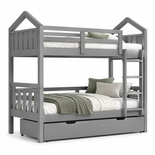 Letto a castello a casetta singolo e matrimoniale con cassetto in pino massello grigio 202 x 145 x 215 cm