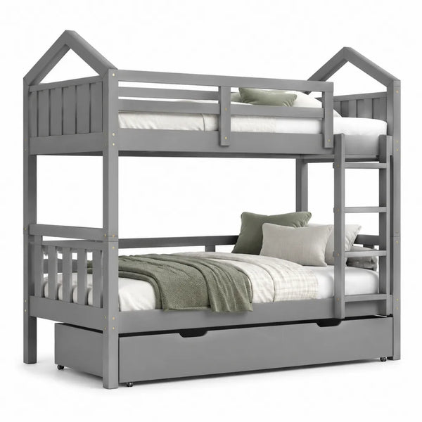 Letto a castello a casetta singolo e matrimoniale con cassetto in pino massello grigio 202 x 145 x 215 cm