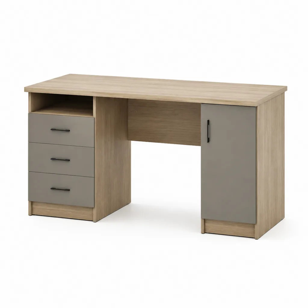 Scrivania tradizionale rettangolare 120 x 60 x 75 cm in pannello truciolare melaminico rovere chiaro e grigio con 3 cassetti e anta