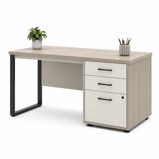 Scrivania da ufficio rettangolare 140 x 60 x 75 cm in pannello truciolare nobilitato rovere chiaro bianco con struttura in acciaio nero e cassettiera 3 cassetti