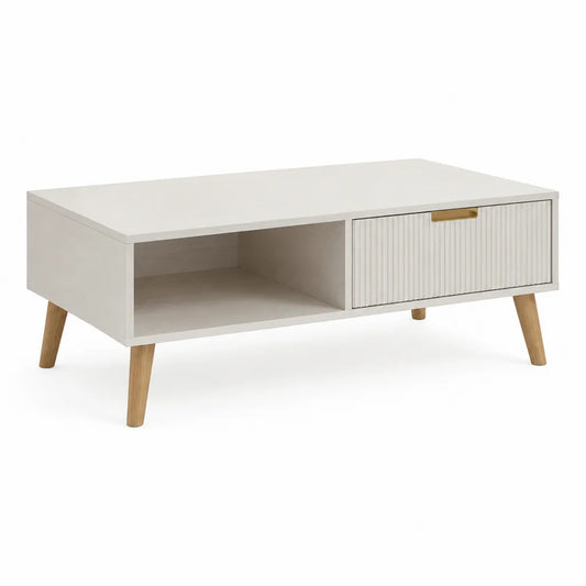 Tavolino da caffe contenitore rettangolare 100 x 50 x 45 cm in MDF bianco con gambe in legno massello di gomma