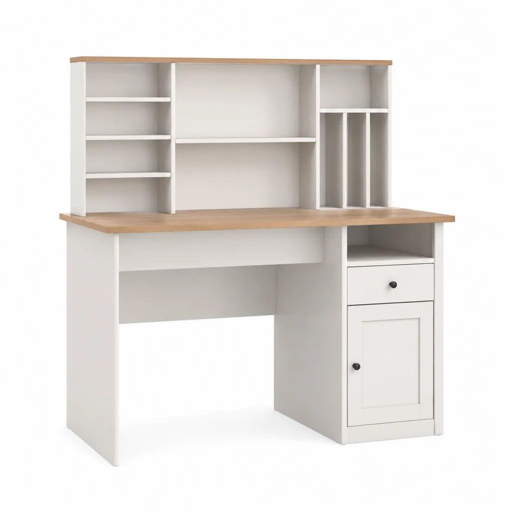 Scrivania rettangolare con libreria e cassettiera 120 x 60 x 150 cm in pannelli truciolari bianco e rovere