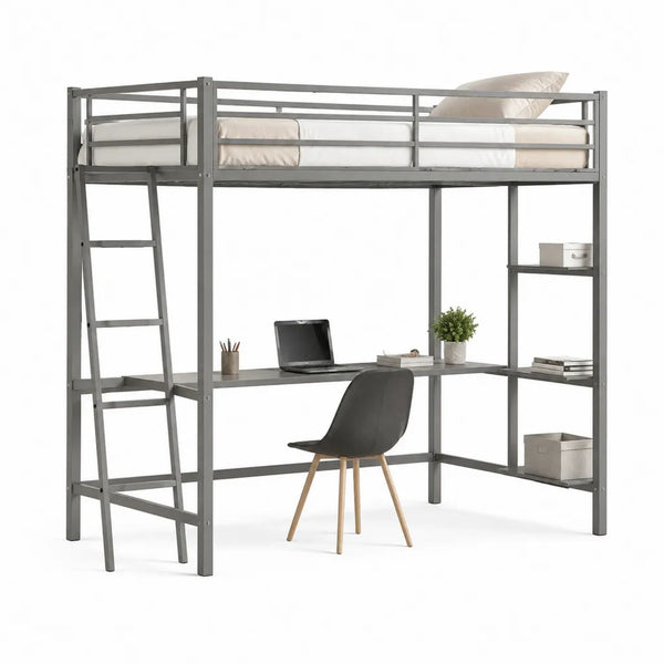 Letto a soppalco singolo 90 x 200 cm in acciaio grigio con scrivania e scaffali