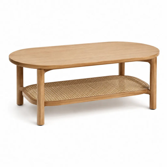 Tavolino da caffe ovale 100 x 50 x 45 cm in legno massello di rovere naturale con ripiano in rattan