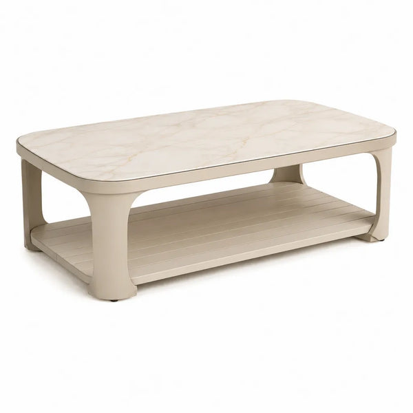 Tavolino da caffe rettangolare 120 x 60 x 45 cm in MDF effetto marmo bianco crema con ripiano inferiore