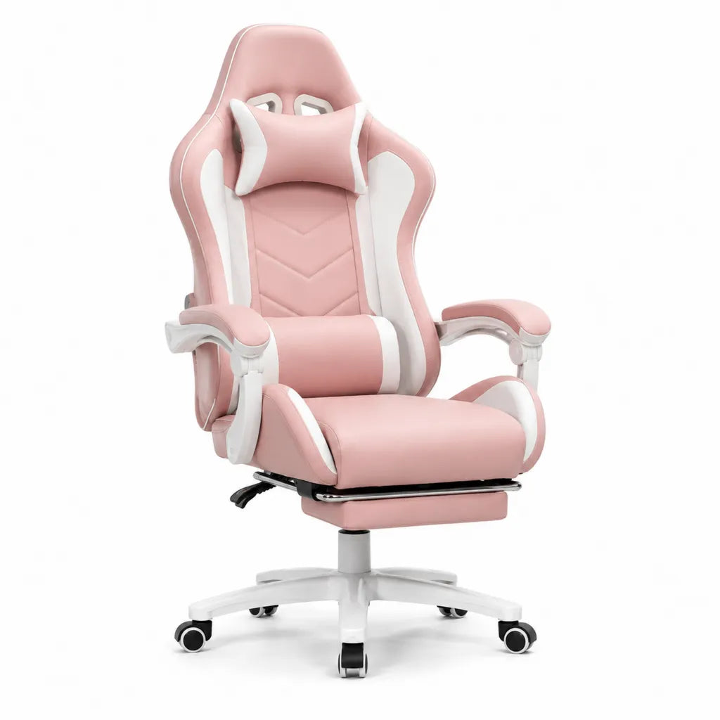 Sedia gaming ergonomica con poggiapiedi in poliuretano rosa e bianca 68 x 65 x 122-132 cm