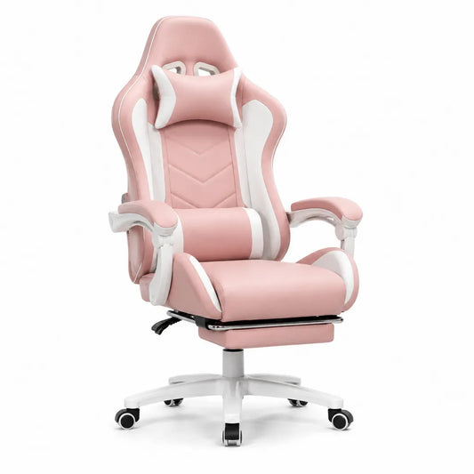 Sedia gaming ergonomica con poggiapiedi in poliuretano rosa e bianca 68 x 65 x 122-132 cm