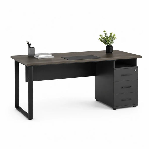Scrivania ufficio rettangolare 140 x 60 x 75 cm in truciolare e acciaio nero marrone scuro con cassettiera 3 cassetti