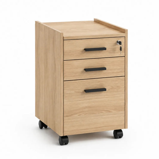 Cassettiera da ufficio con ruote 40 x 50 x 65 cm in MDF effetto rovere con 3 cassetti e serratura
