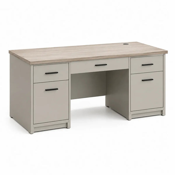 Scrivania da ufficio con 5 cassetti 140 x 60 x 75 cm in pannello truciolare rettangolare grigio e rovere chiaro