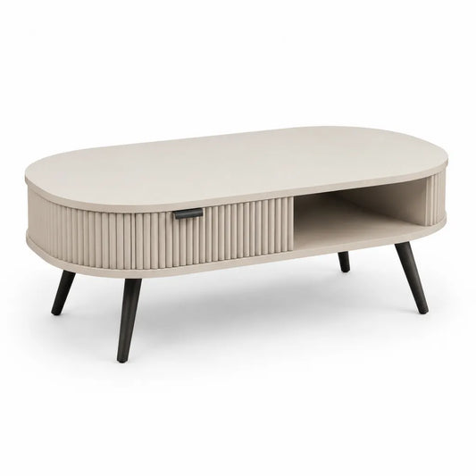 Tavolino da caffe ovale con vano e anta scorrevole 120 x 60 x 45 cm in MDF beige e acciaio nero