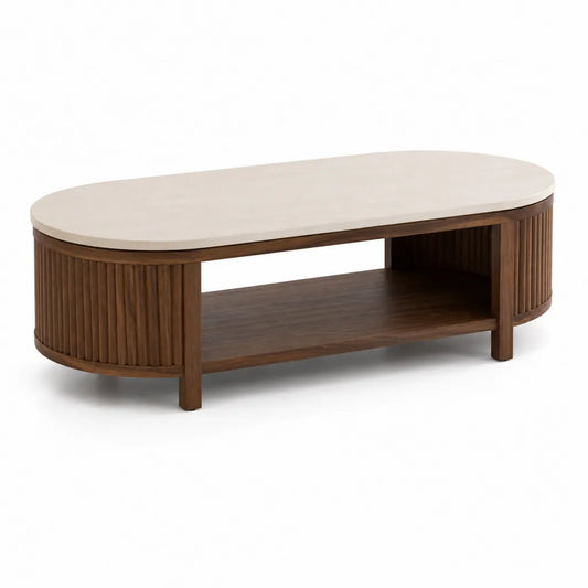 Tavolino da caffe ovale 120 x 60 x 42 cm in MDF impiallacciato noce con piano bianco effetto marmo