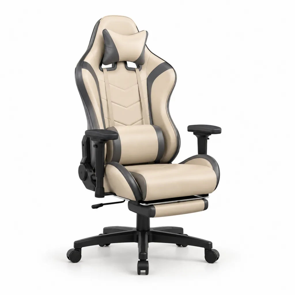 Sedia gaming reclinabile in pelle PU beige e nera con poggiapiedi 70 x 70 x 125-135 cm